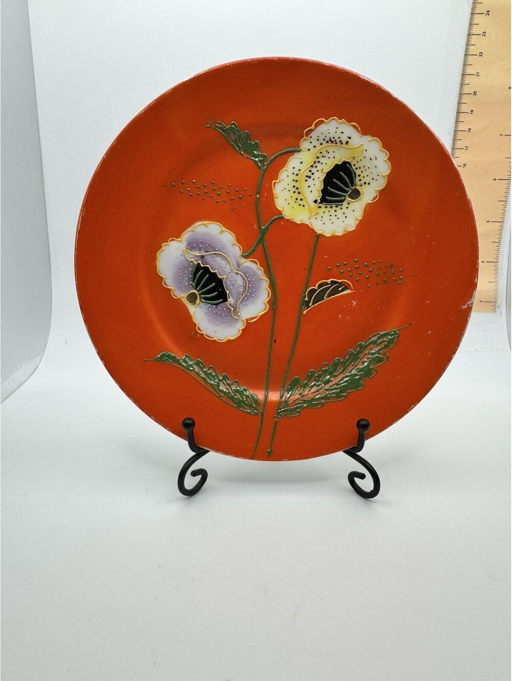 Vintage Japanese Satsuma Ware Dish Poppies on Orange Made in Japan 6”